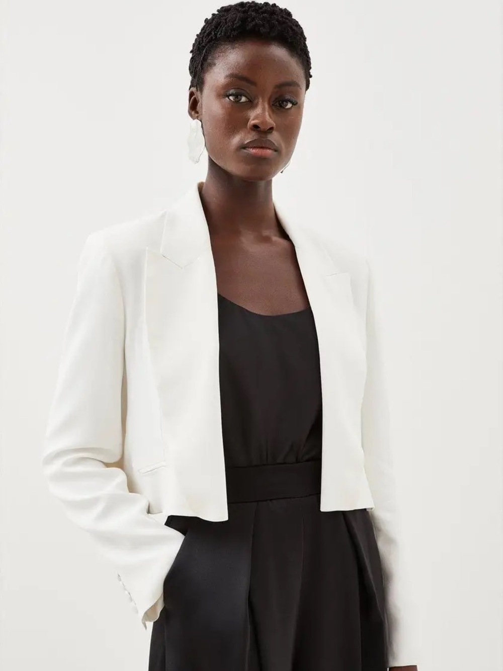 Karen Millen Tailored Satin Cropped Blazer in Ivory